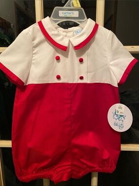 New Baby Infant Boys Luli and Me Christmas Red & White Bubble Romper 9M NWT